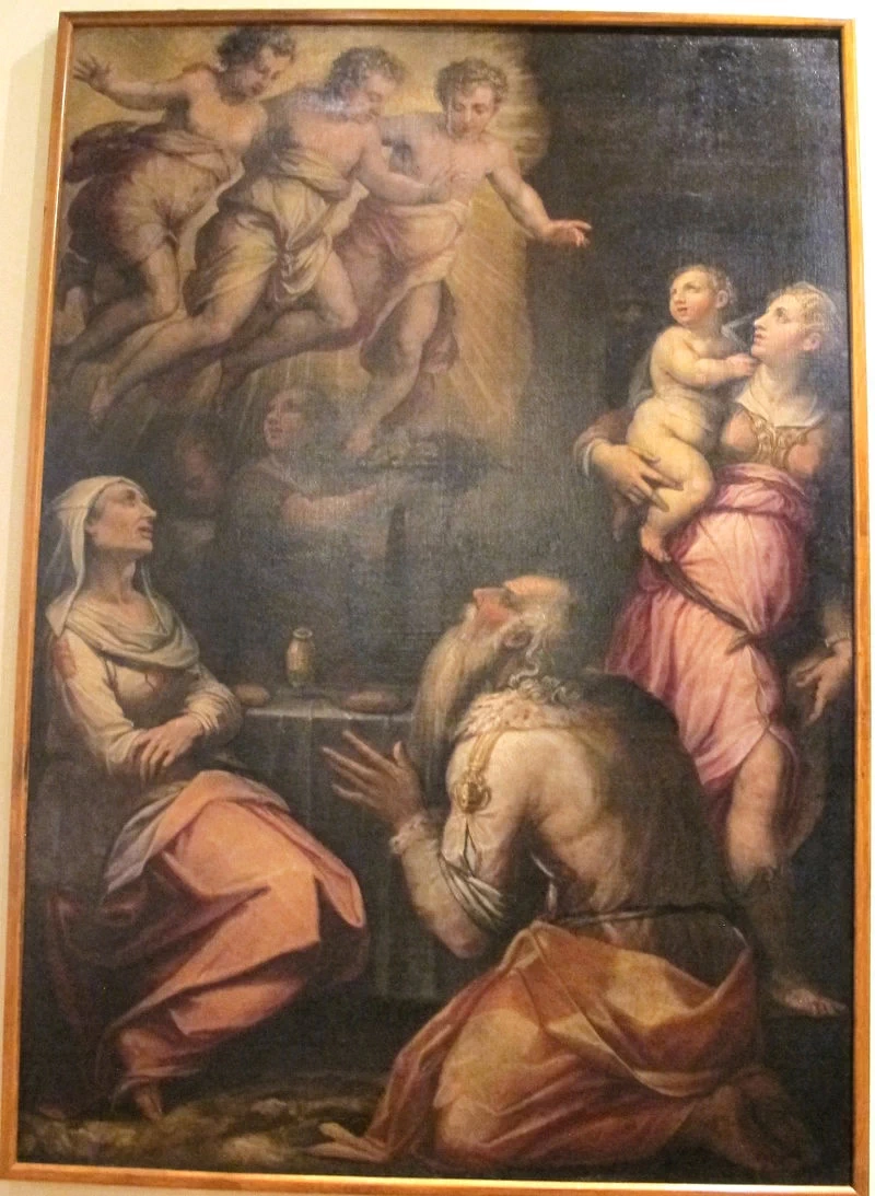 Apparizione dei tre angeli ad Abramo con Sara, Agar e il figlio Ismaele, 1573, da compagnia ss. Trinità